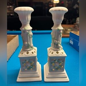 Pair of Avon Bisque Porcelain Rose Motif Candle Holders
